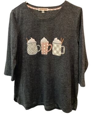 Cactus + Pearl Women’s Size Large Gray 3/4 Sleeve Shirt Three Mug Cozy Sweater